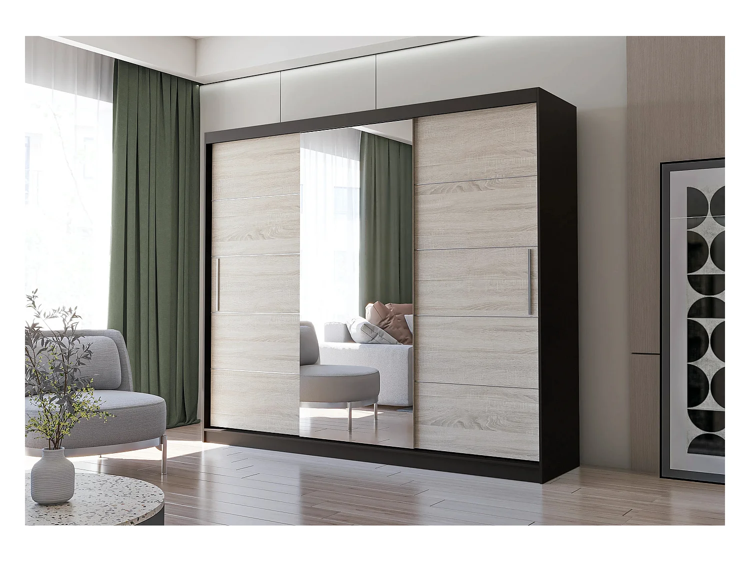 Armoire Théana avec miroir 250 cm - Noir - Chêne