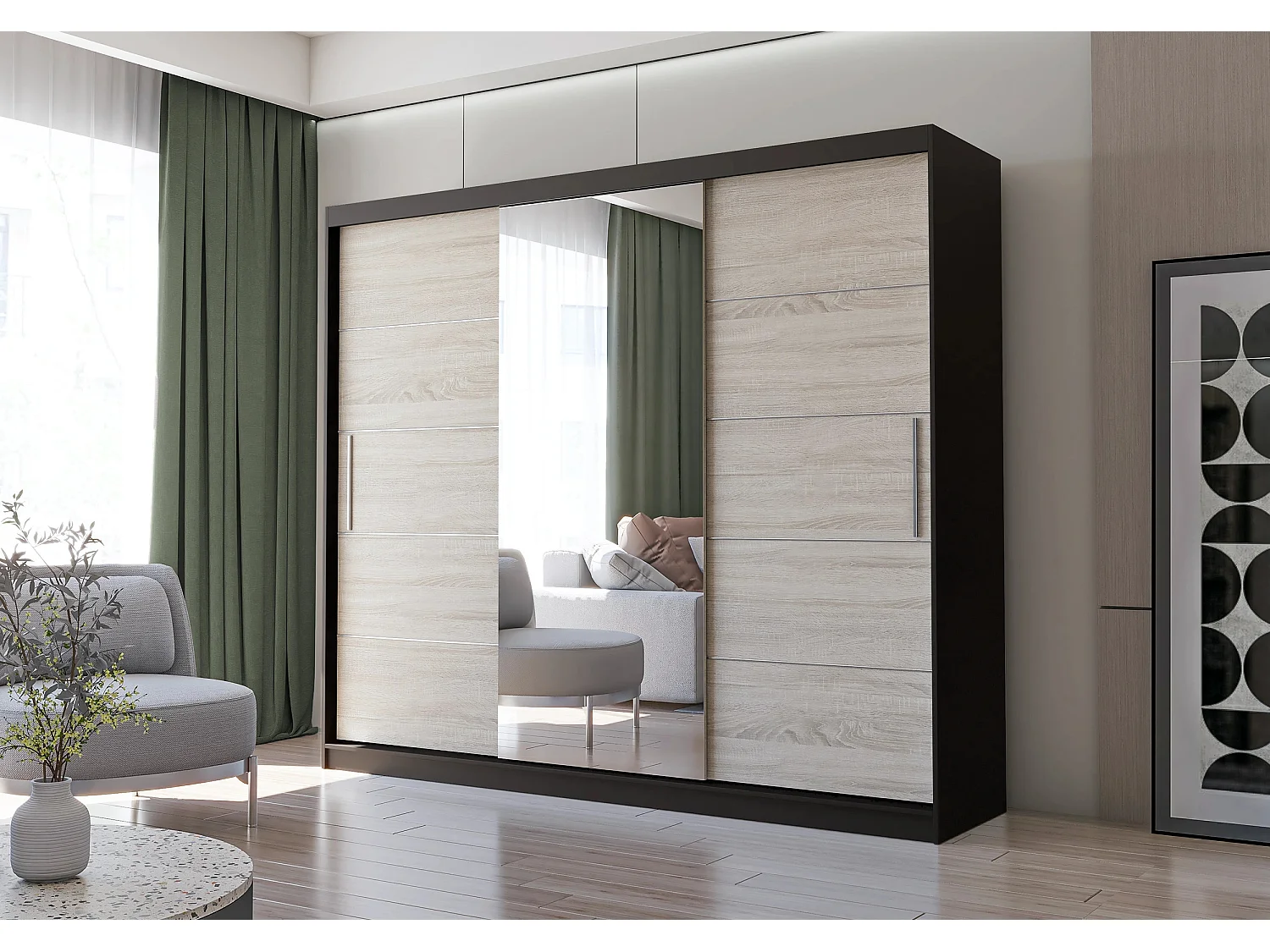 Armoire Théana avec miroir 250 cm - Noir - Chêne