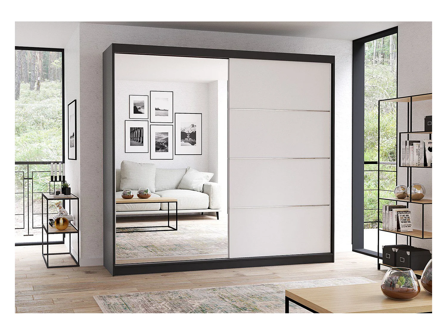Armoire Léandra 203 cm avec miroir - Noir - Blanc