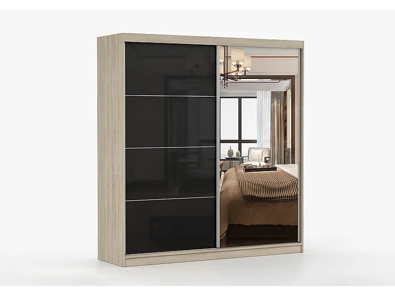 Armoire Calypso 233 cm avec miroir - Chêne - Noir