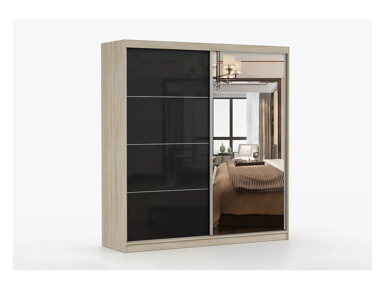 Armoire Calypso 233 cm avec miroir - Chêne - Noir