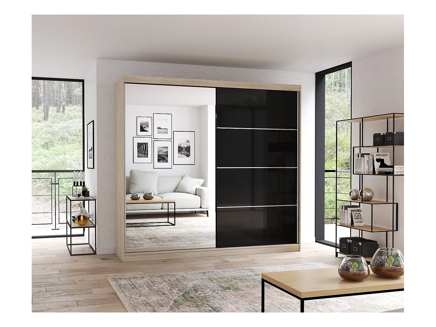 Armoire Calypso 233 cm avec miroir - Chêne - Noir