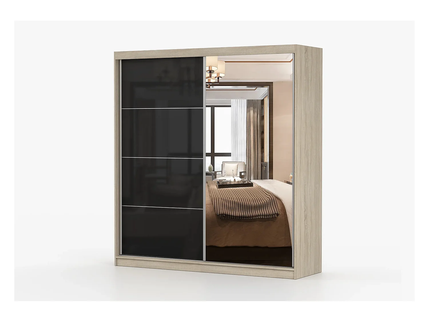 Armoire Calypso 233 cm avec miroir - Chêne - Noir