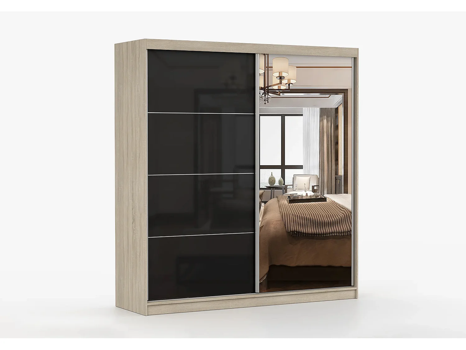 Armoire Calypso 233 cm avec miroir - Chêne - Noir