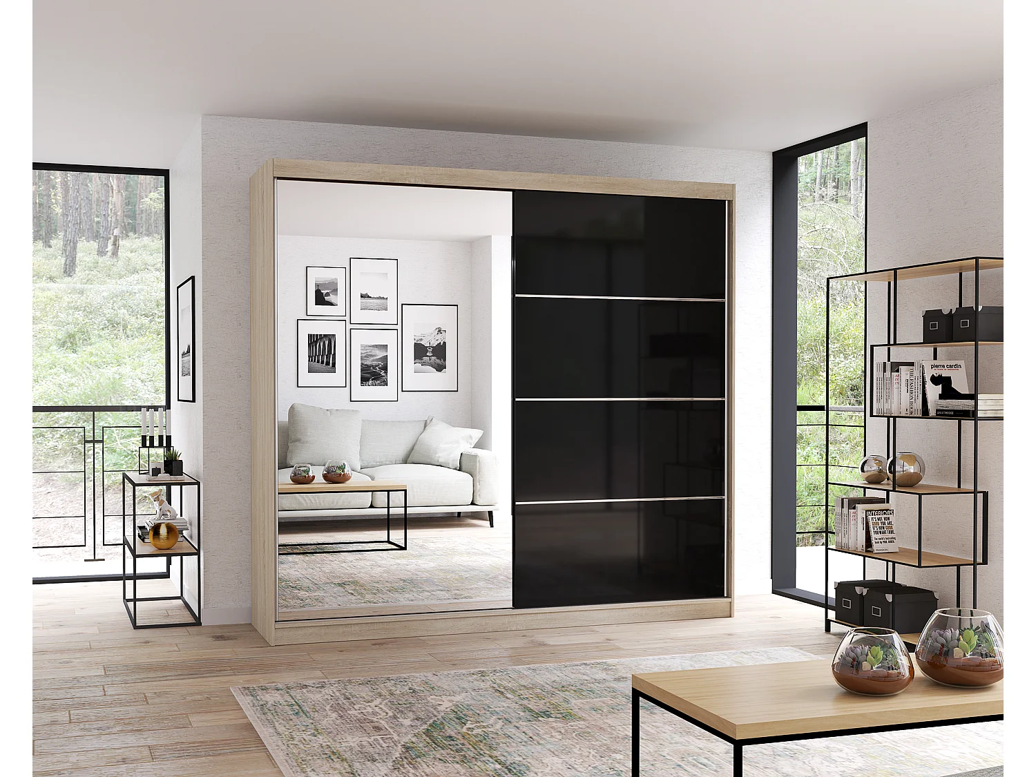 Armoire Calypso 233 cm avec miroir - Chêne - Noir