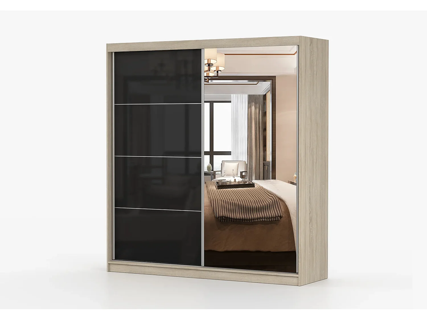 Armoire Calypso 233 cm avec miroir - Chêne - Noir