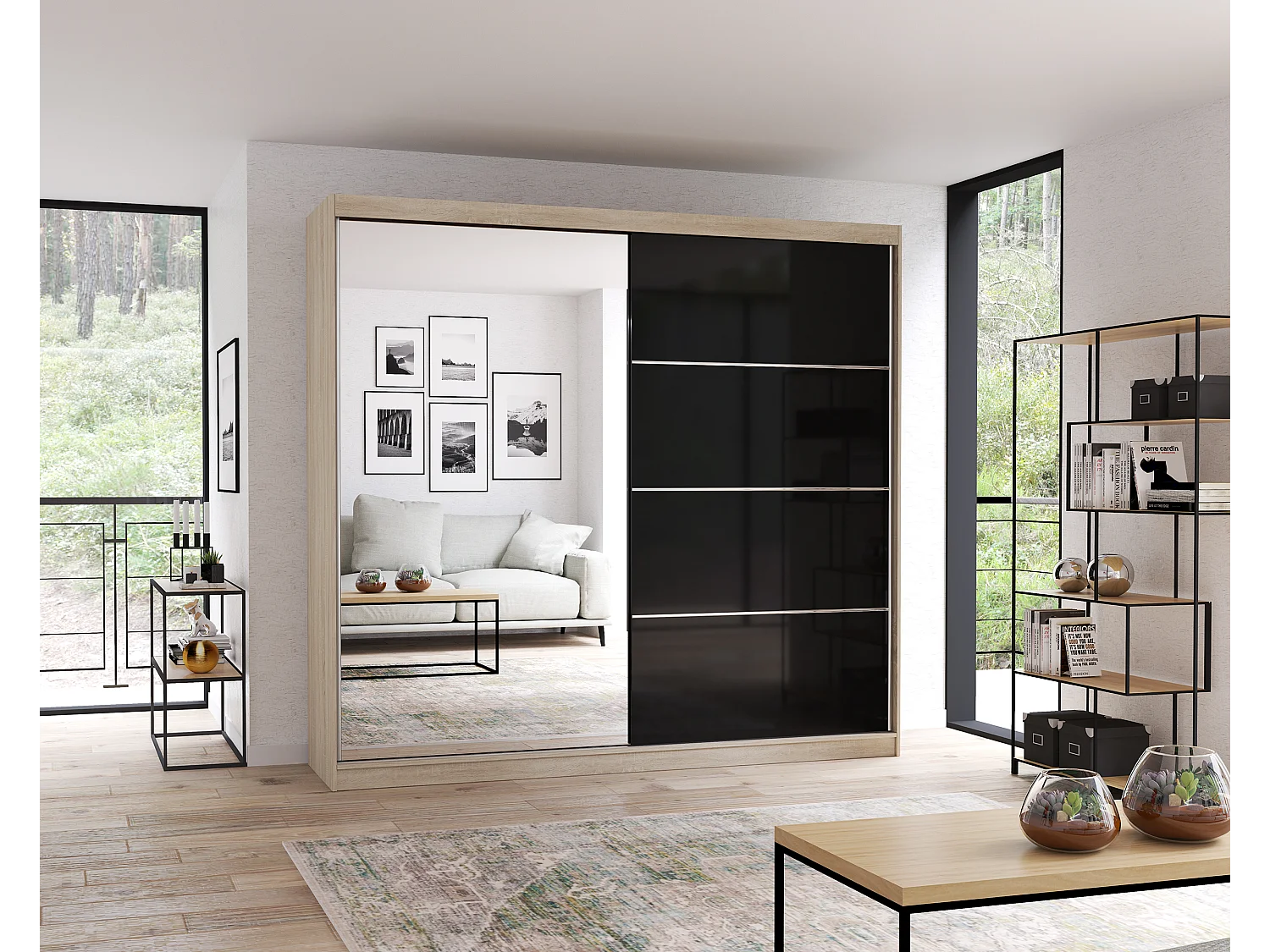 Armoire Calypso 233 cm avec miroir - Chêne - Noir
