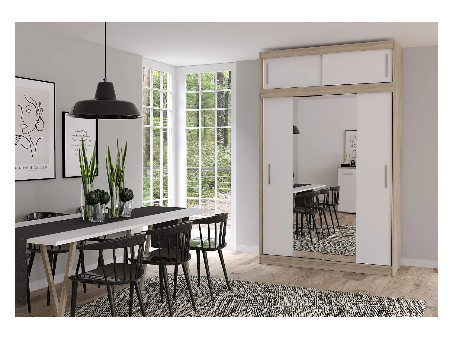 Armoire avec extension Nahelys 150 cm avec miroir - Chêne - Blanc