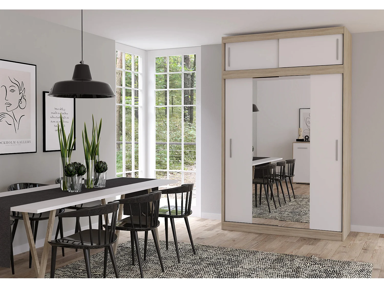 Armoire avec extension Nahelys 150 cm avec miroir - Chêne - Blanc