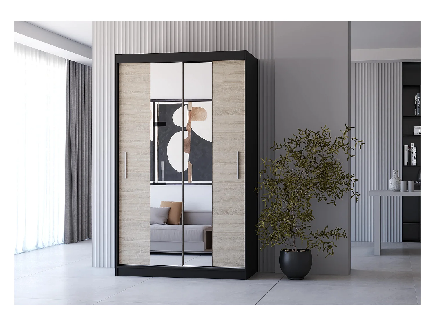 Armoire Danaé 120 cm avec miroir - Noir - Chêne