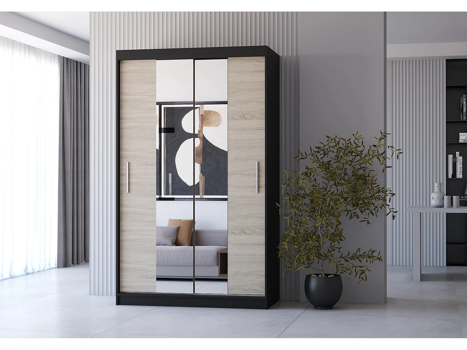 Armoire Danaé 120 cm avec miroir - Noir - Chêne