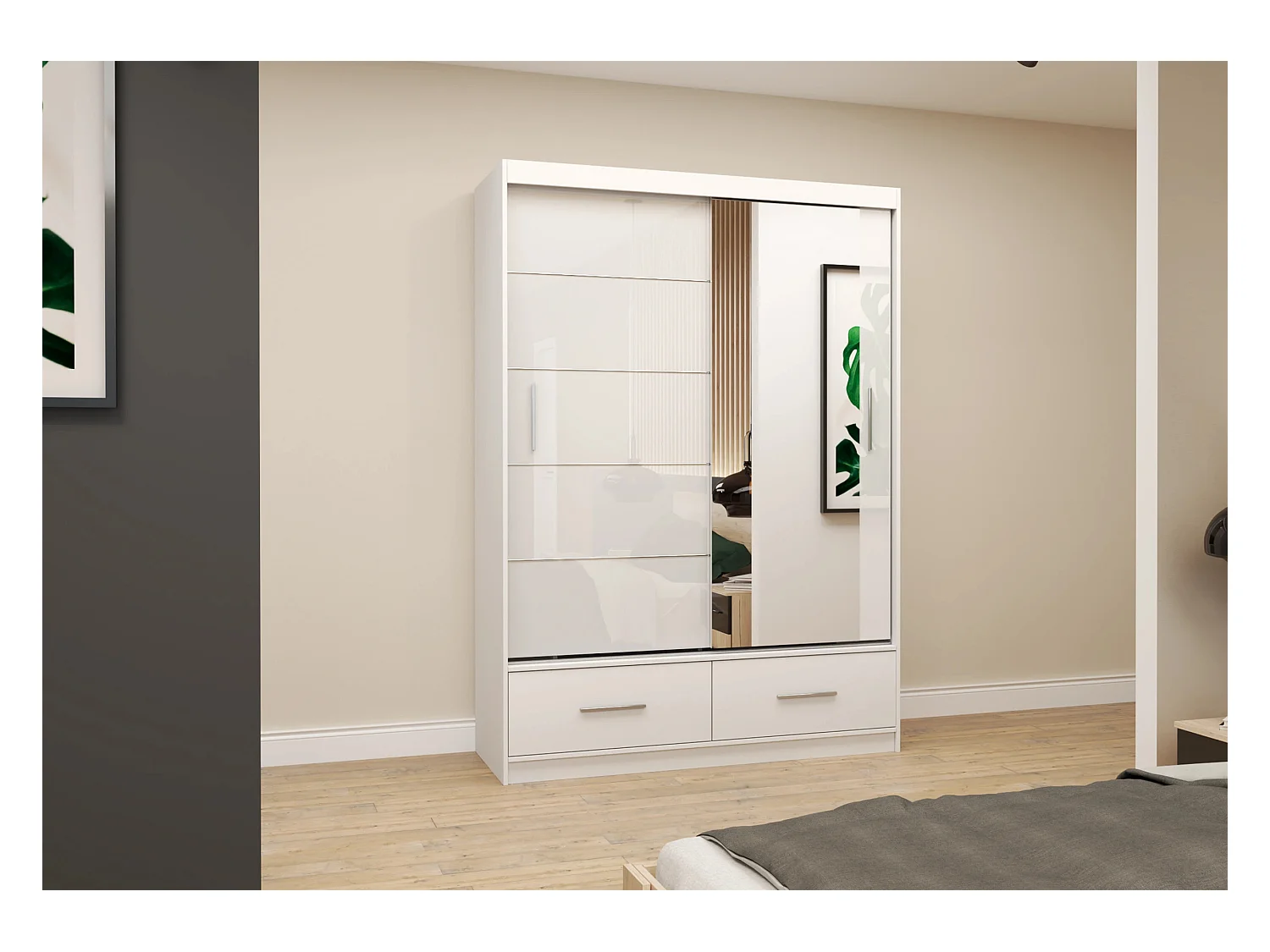 Armoire Saphina 150 cm avec miroir - Blanc