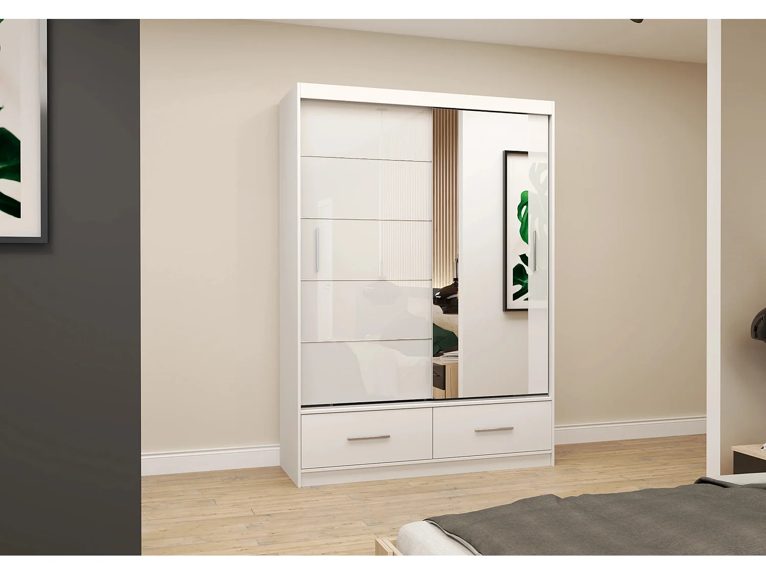 Armoire Saphina 150 cm avec miroir - Blanc