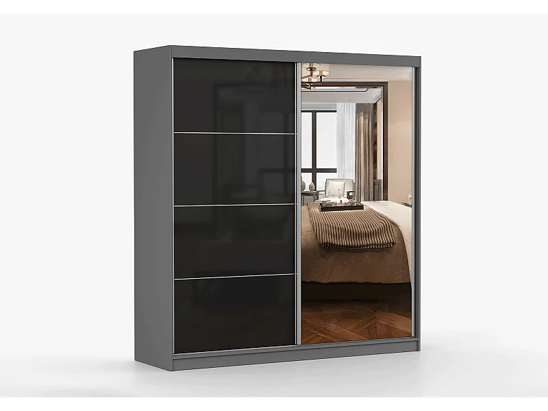Armoire Calypso 203 cm avec miroir - Gris - Noir