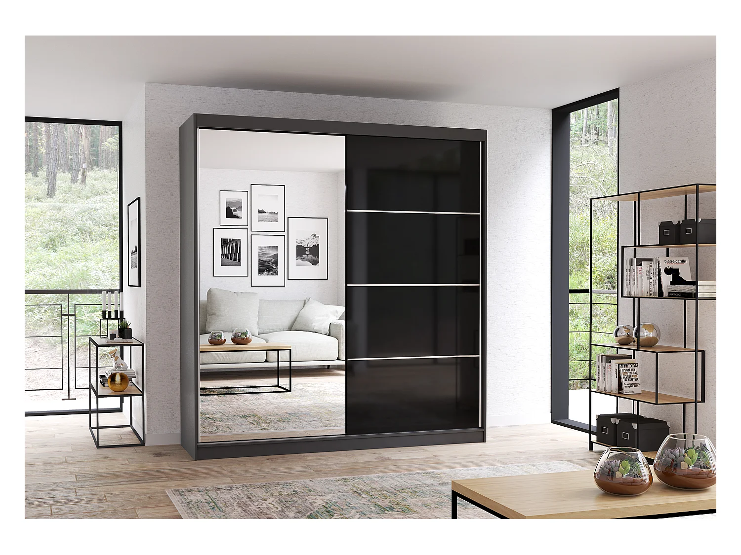 Armoire Calypso 203 cm avec miroir - Gris - Noir