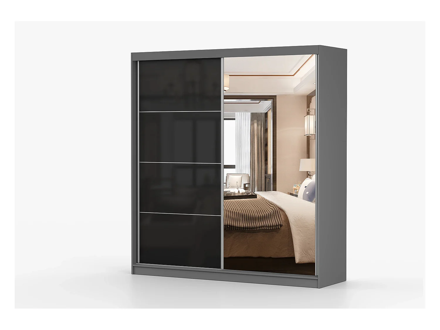 Armoire Calypso 203 cm avec miroir - Gris - Noir