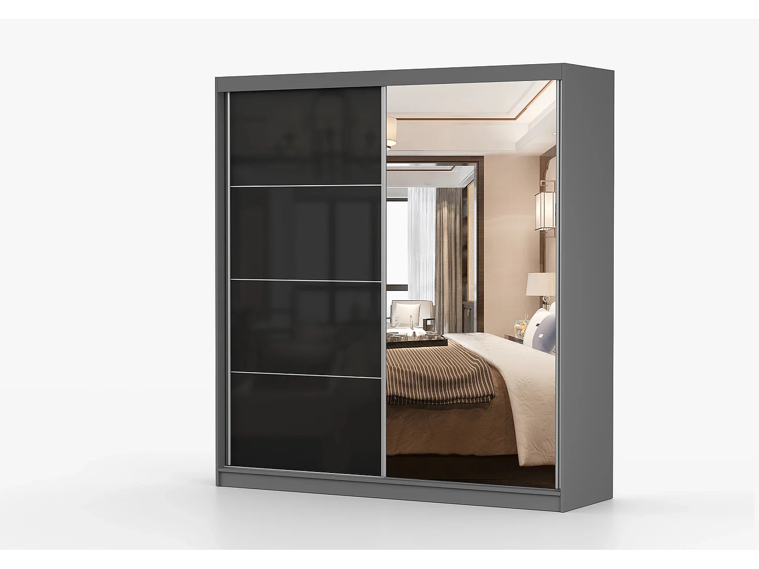Armoire Calypso 203 cm avec miroir - Gris - Noir
