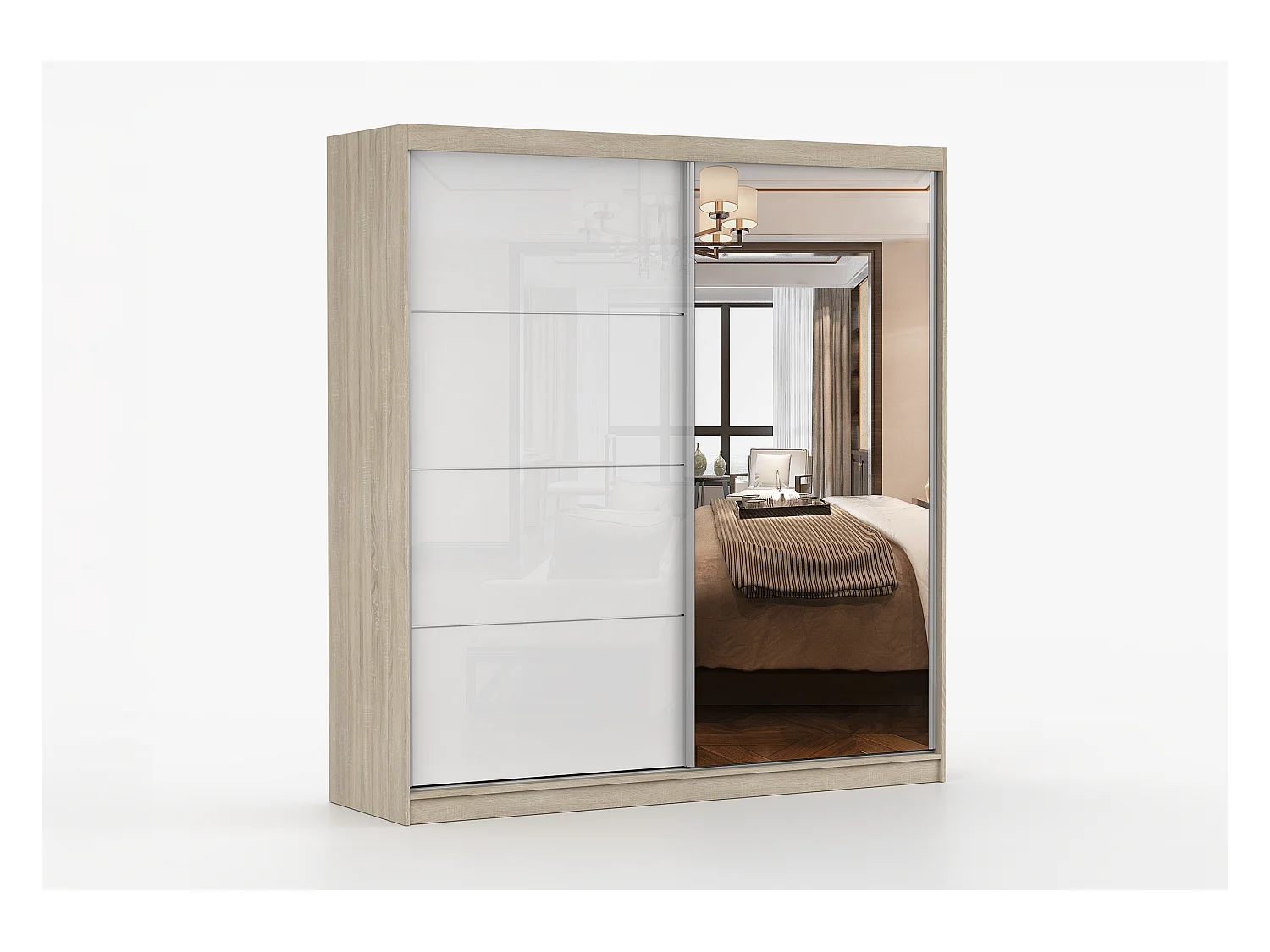 Armoire Daphnéa 233 cm avec miroir - Chêne - Blanc