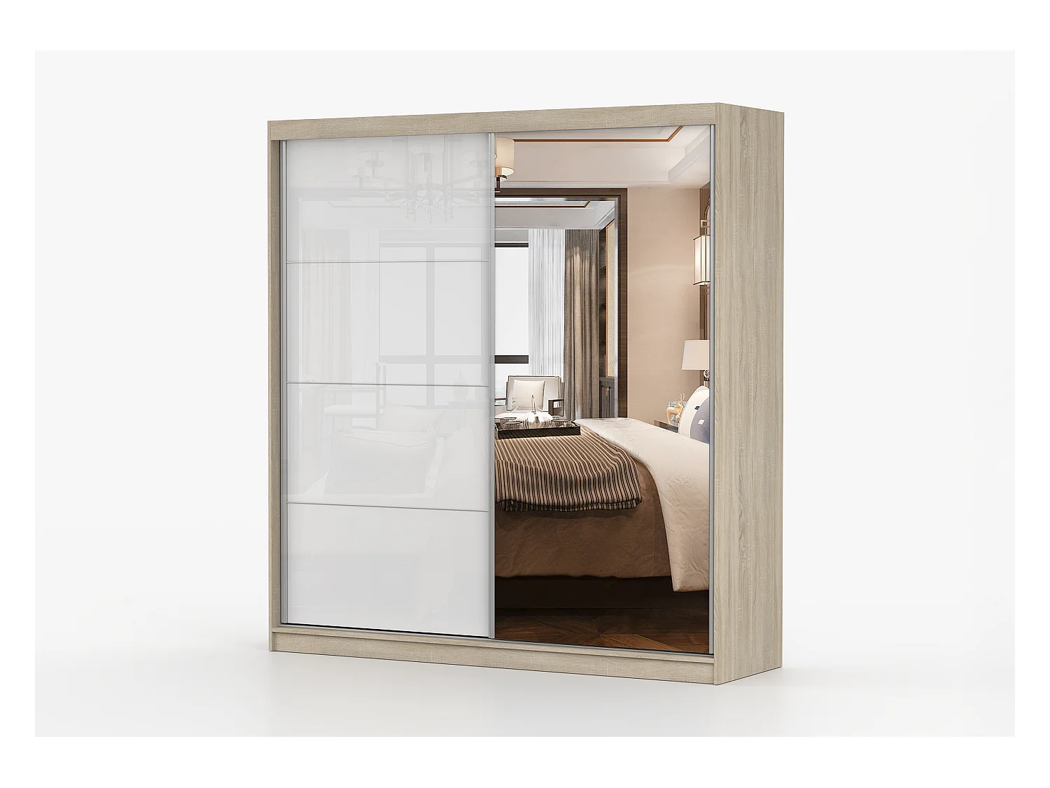 Armoire Daphnéa 233 cm avec miroir - Chêne - Blanc
