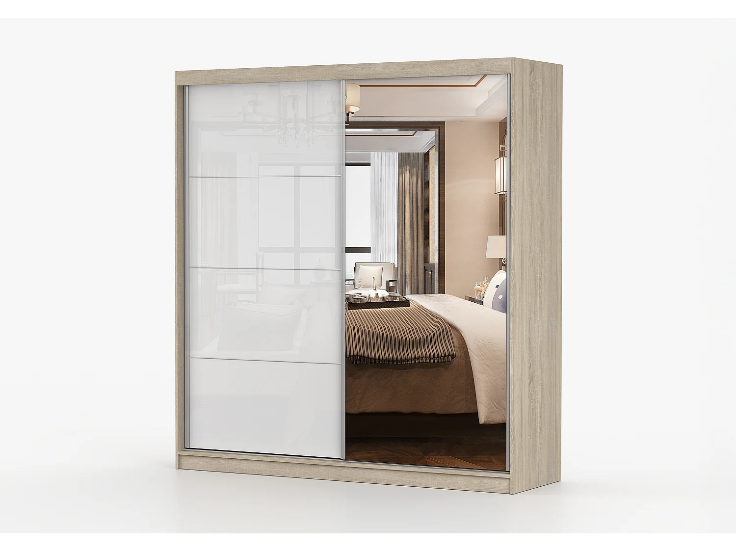 Armoire Daphnéa 233 cm avec miroir - Chêne - Blanc