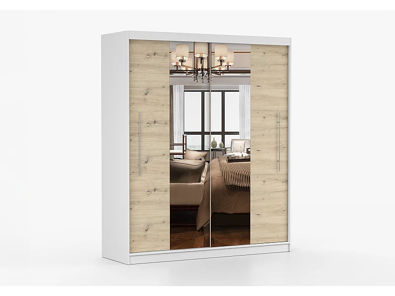 Armoire Althéa 203 cm avec miroir - Blanc - Effet bois