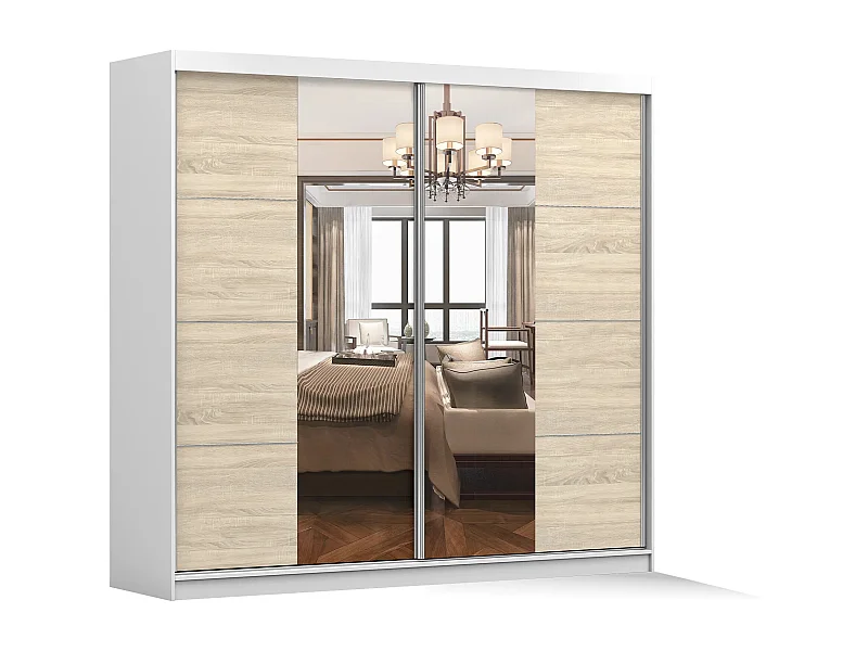 Armoire Violeta 233 cm avec miroir - Blanc - Chêne