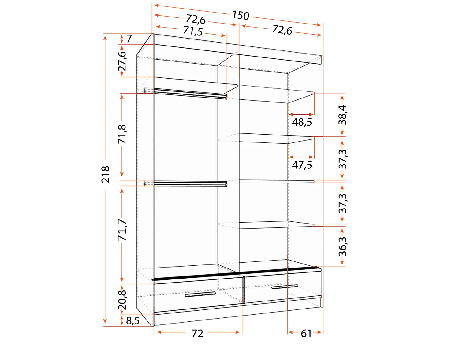 Armoire Saphina 150 cm avec miroir - Blanc - Noir
