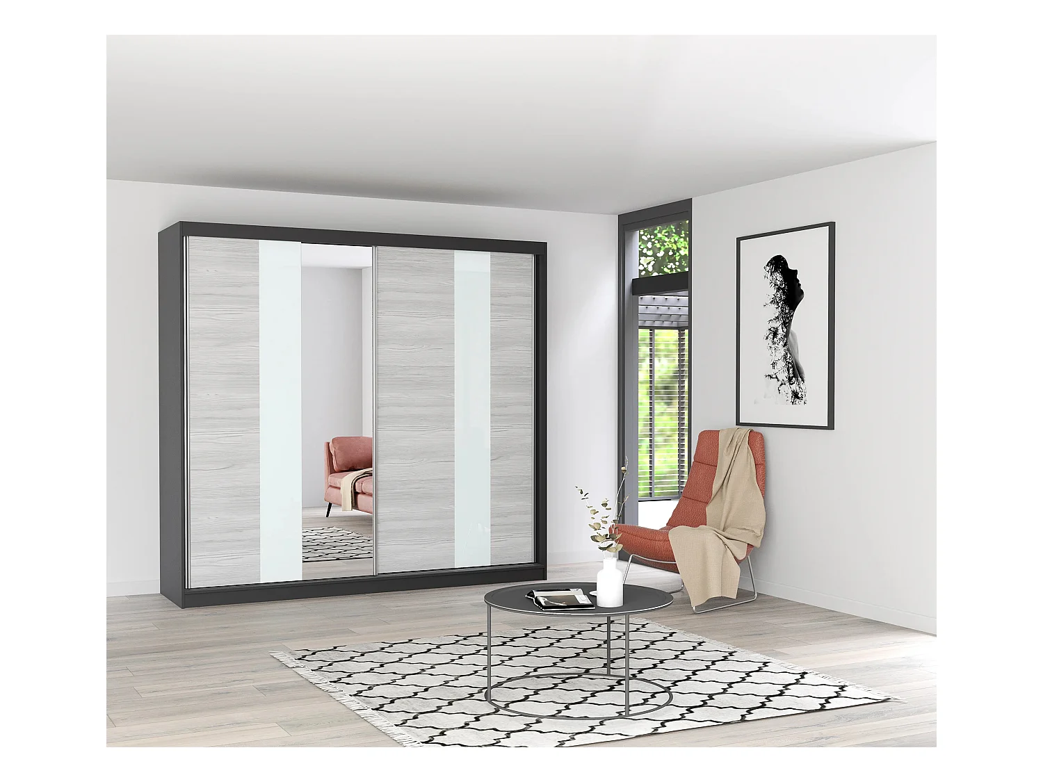 Armoire Rhéa 233 cm avec miroir - Noir - Kathult