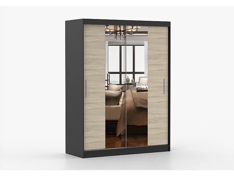 Armoire Aenora 150 cm avec miroir - Noir - Chêne