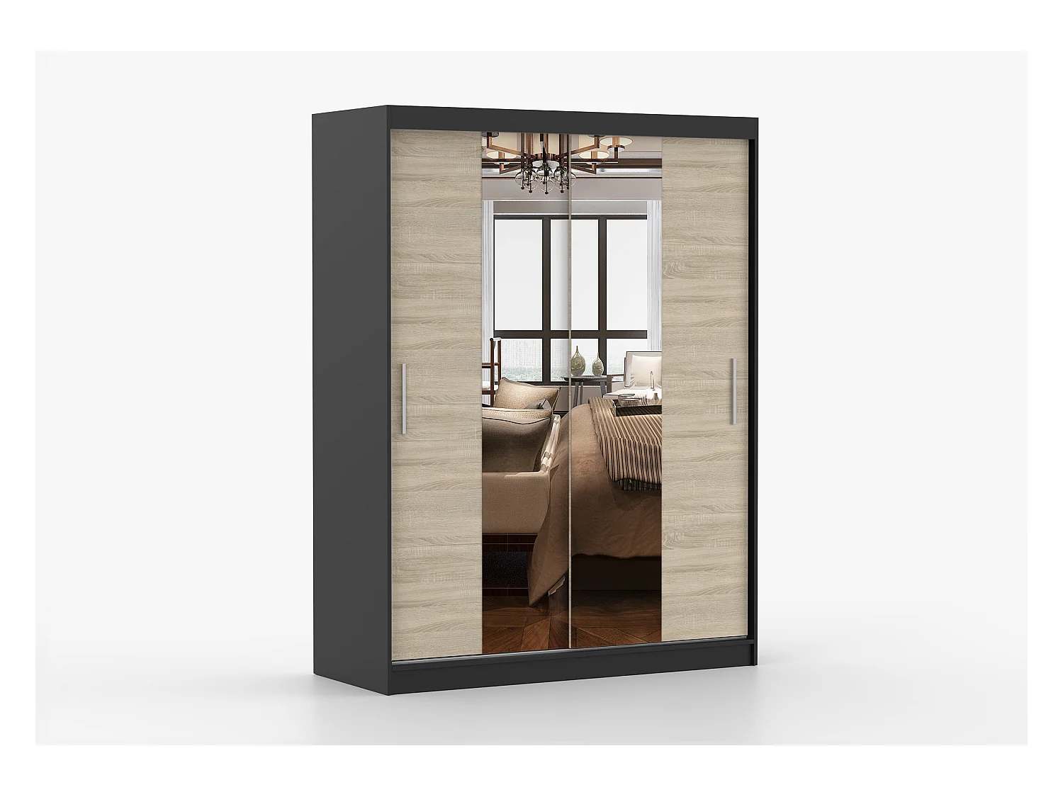 Armoire Aenora 150 cm avec miroir - Noir - Chêne