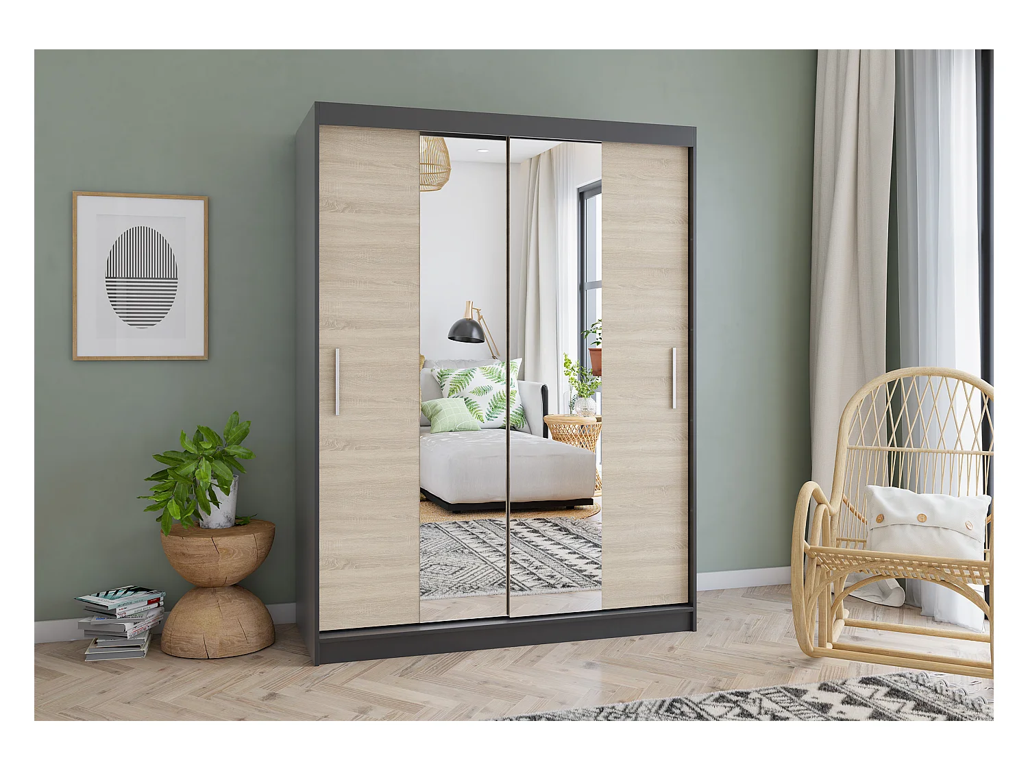 Armoire Aenora 150 cm avec miroir - Noir - Chêne