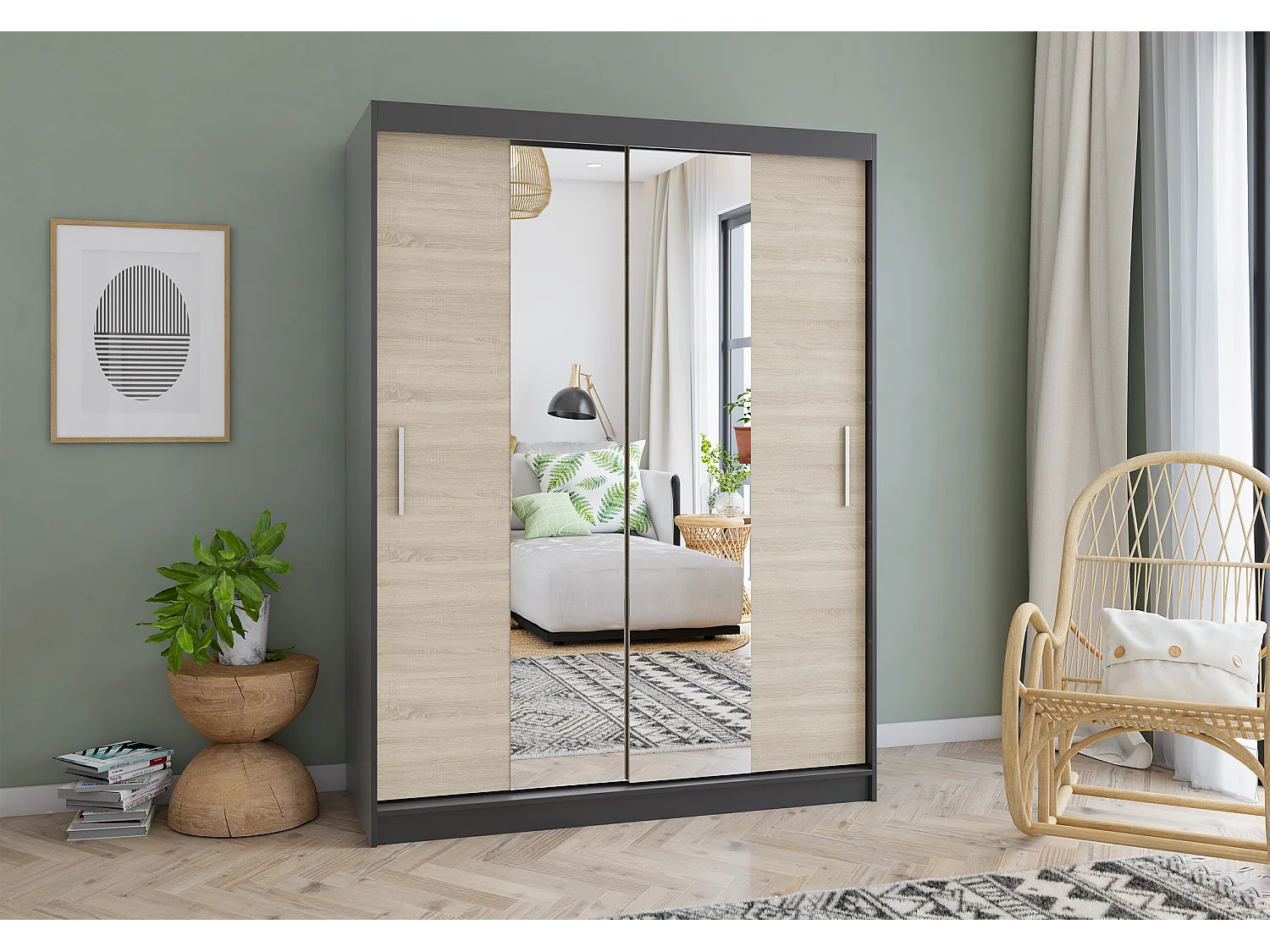 Armoire Aenora 150 cm avec miroir - Noir - Chêne