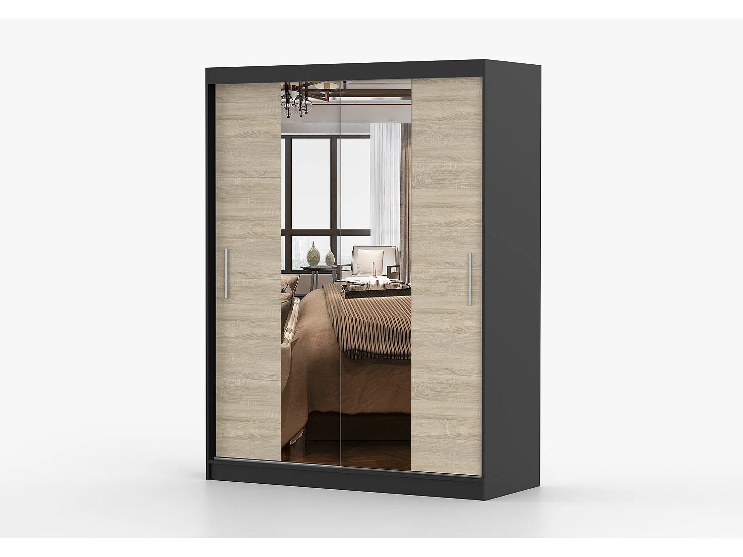 Armoire Aenora 150 cm avec miroir - Noir - Chêne