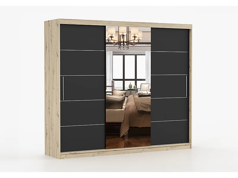 Armoire Elior 250 cm avec miroir - Effet bois - Noir