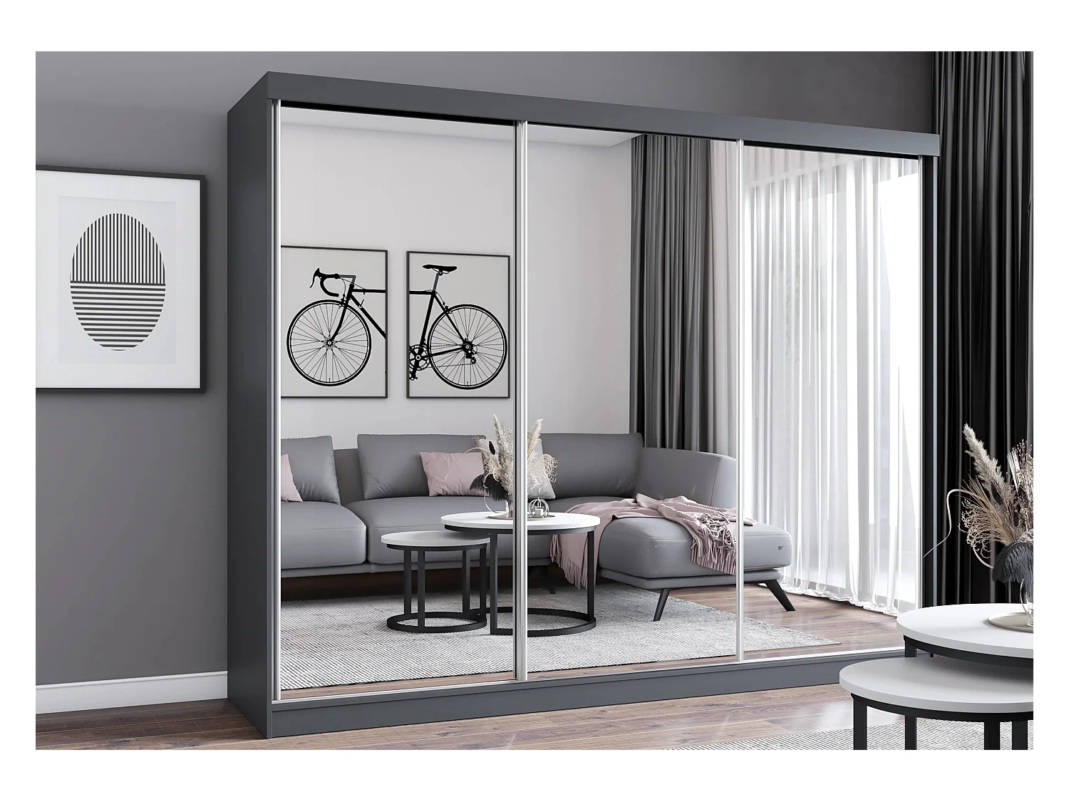 Armoire Milanor 250 cm avec miroir - Gris