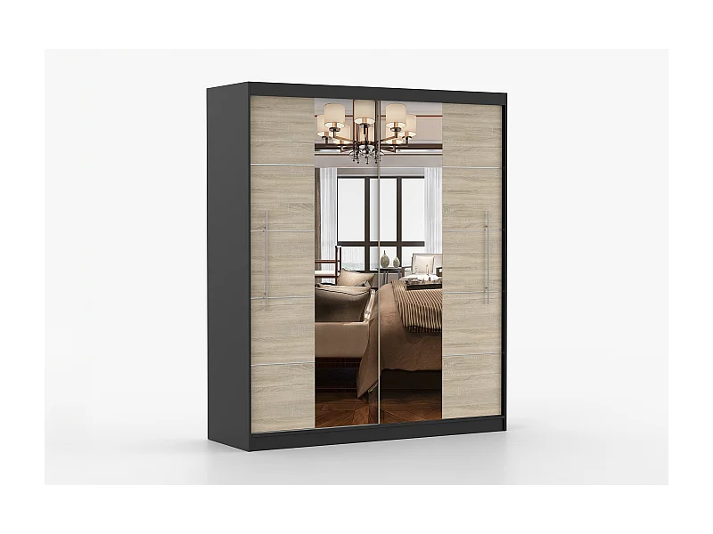 Armoire Orelia 203 cm avec miroir - Noir - Chêne