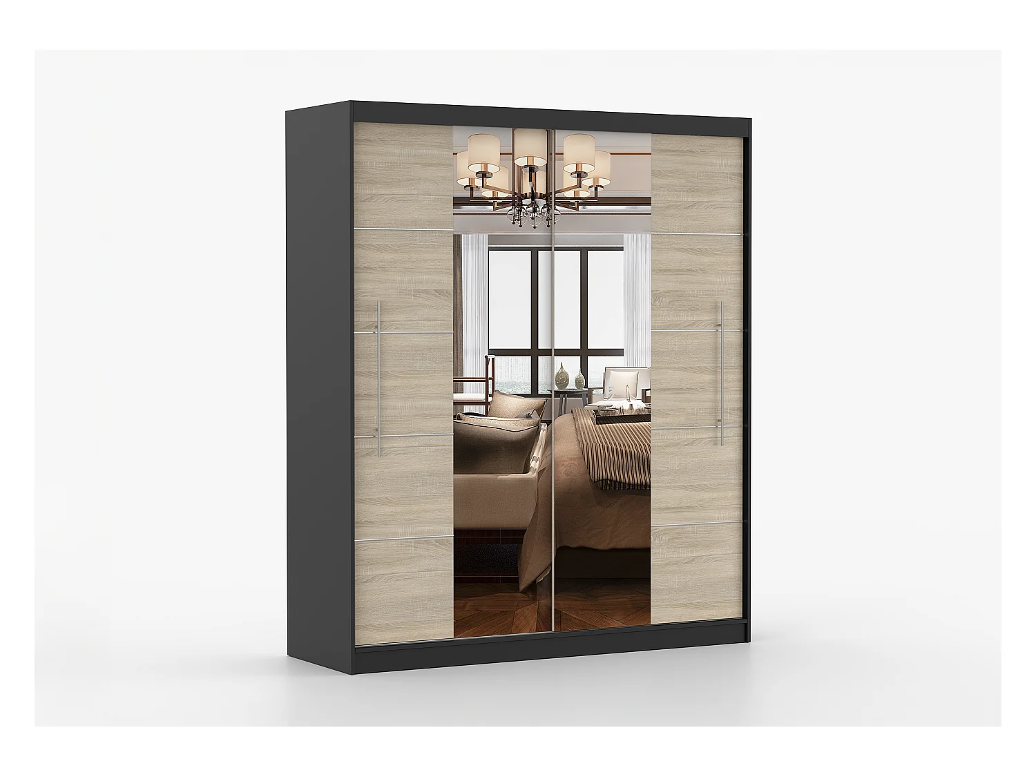 Armoire Orelia 203 cm avec miroir - Noir - Chêne