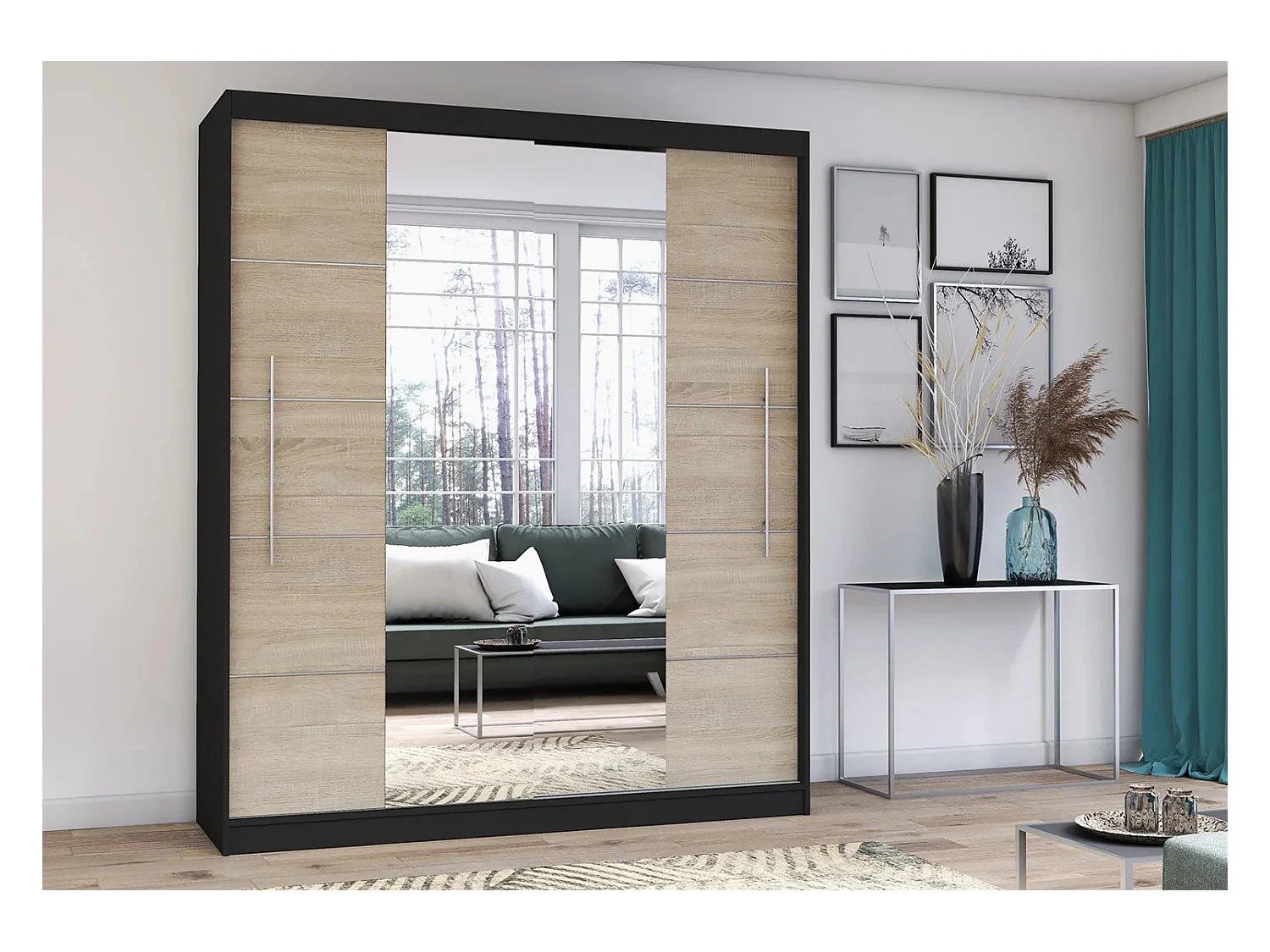 Armoire Orelia 203 cm avec miroir - Noir - Chêne