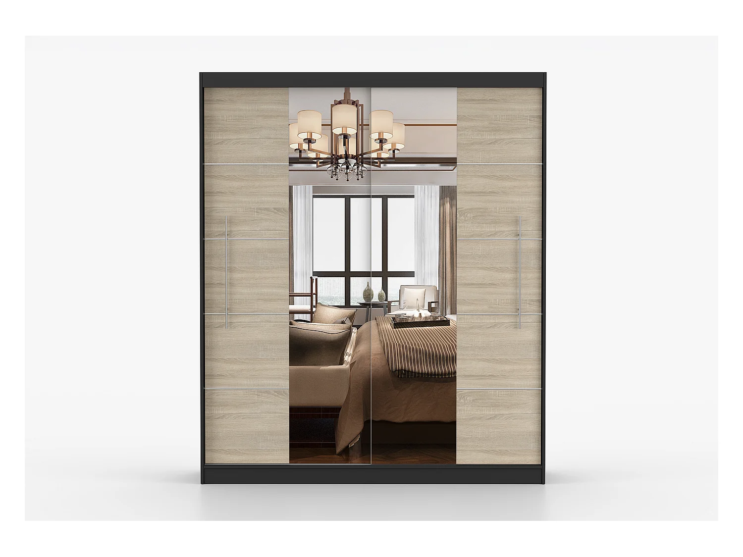 Armoire Orelia 203 cm avec miroir - Noir - Chêne