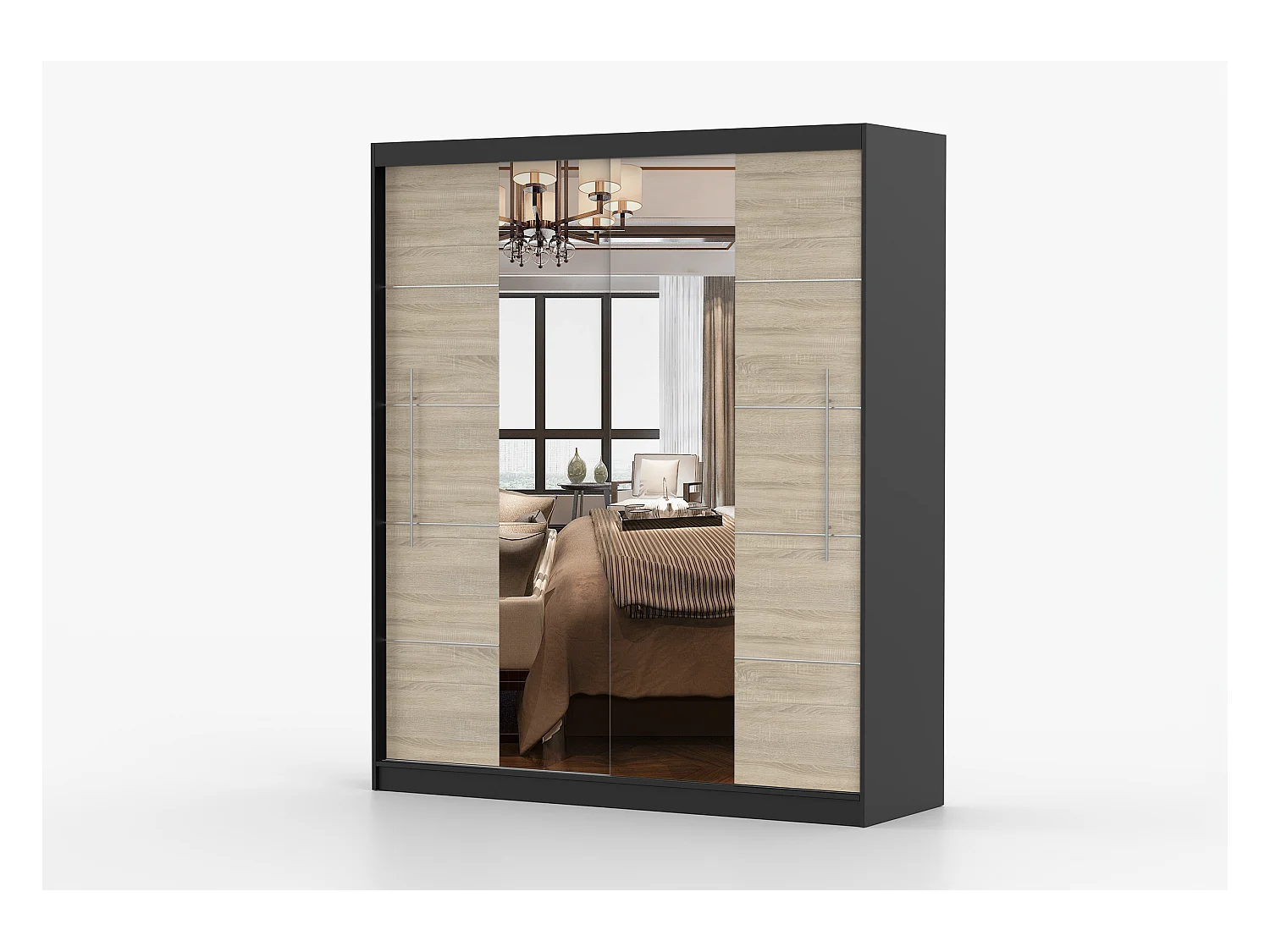 Armoire Orelia 203 cm avec miroir - Noir - Chêne