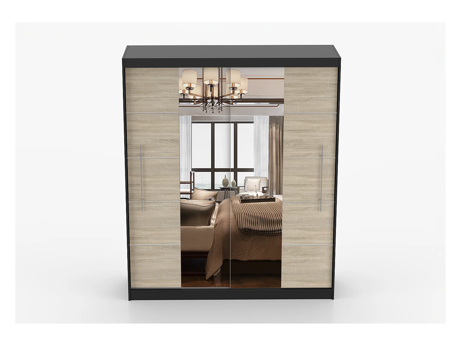 Armoire Orelia 203 cm avec miroir - Noir - Chêne