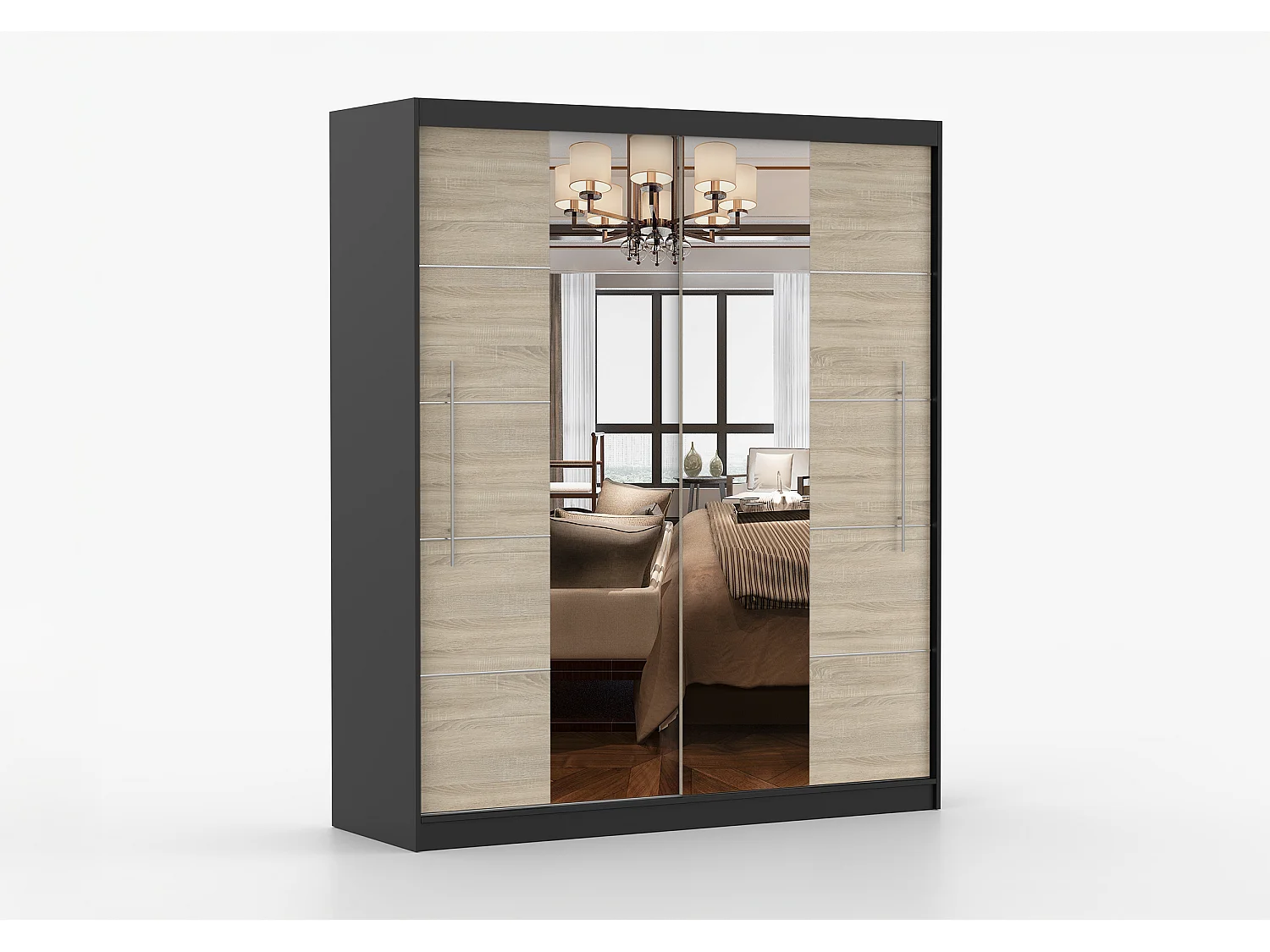 Armoire Orelia 203 cm avec miroir - Noir - Chêne