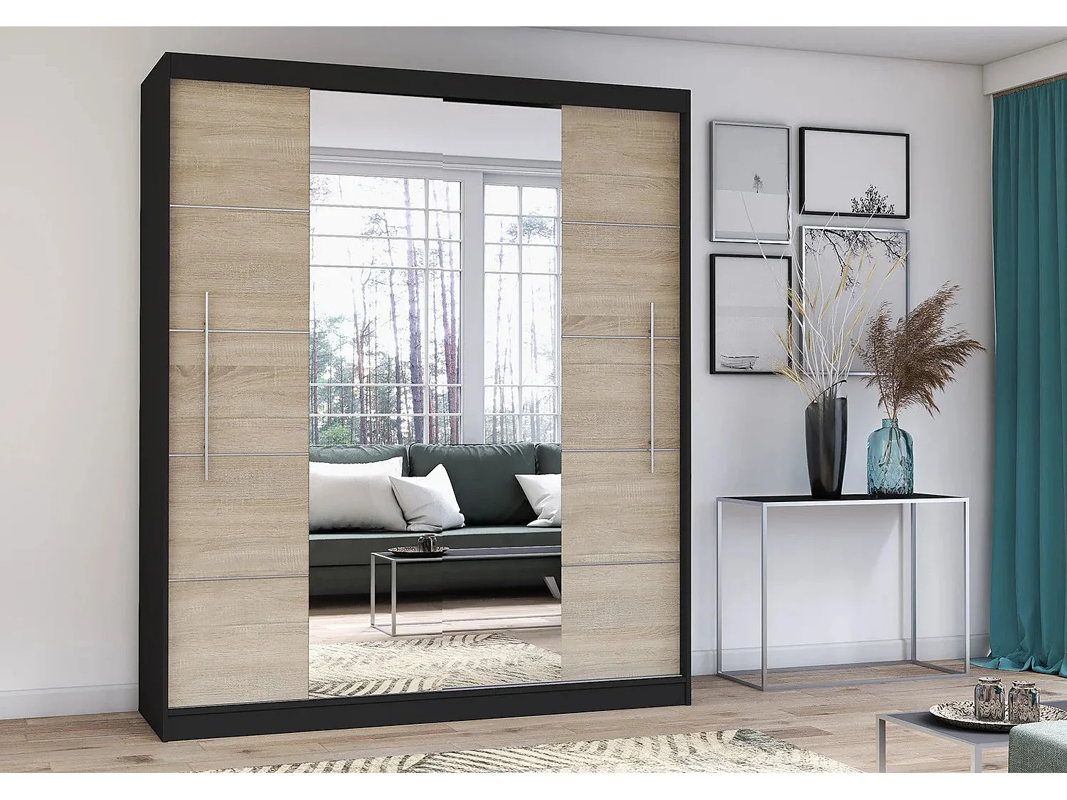 Armoire Orelia 203 cm avec miroir - Noir - Chêne
