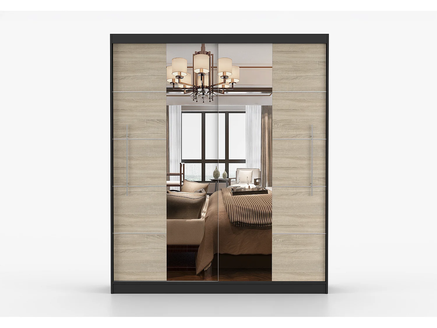 Armoire Orelia 203 cm avec miroir - Noir - Chêne