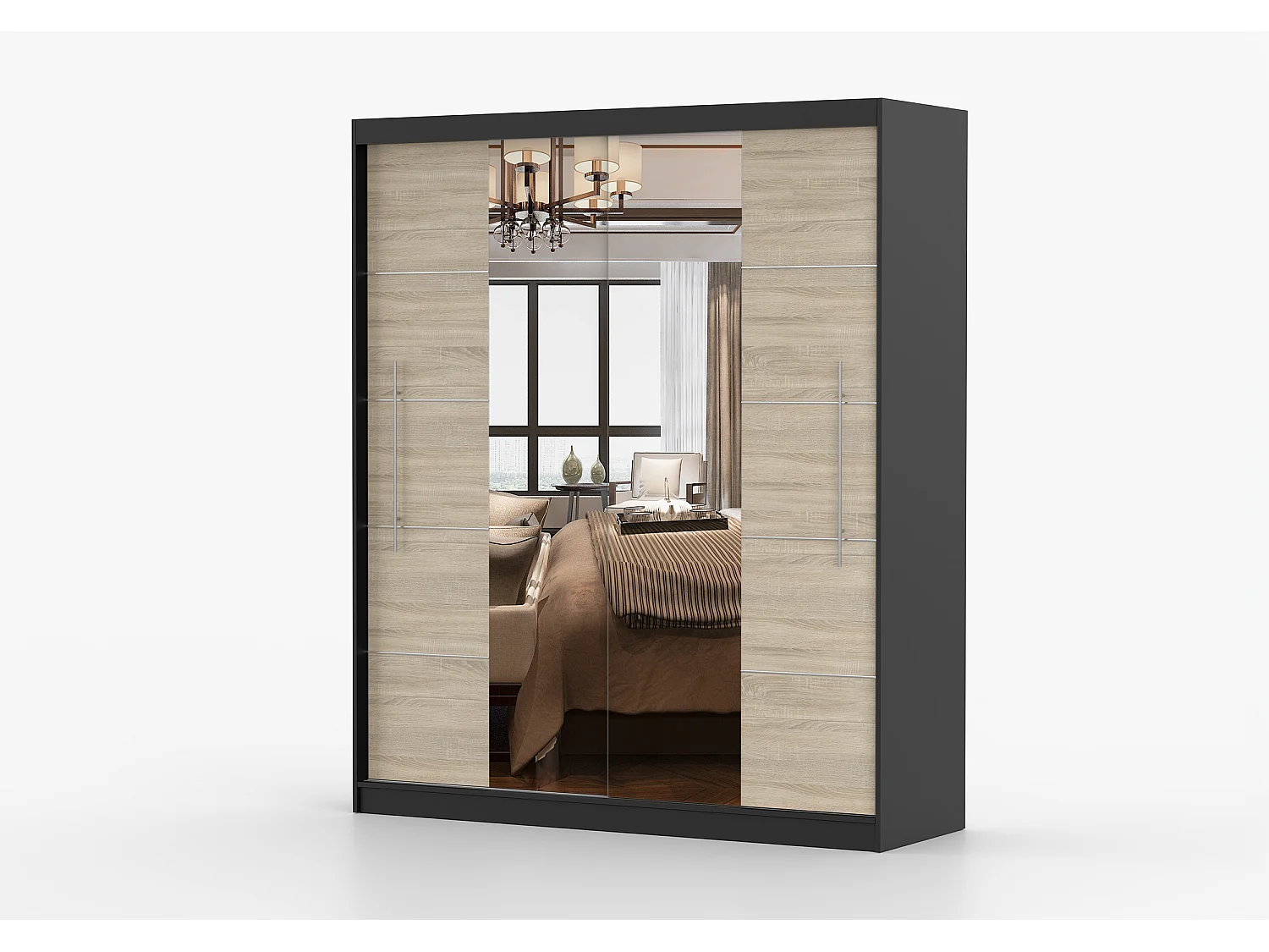 Armoire Orelia 203 cm avec miroir - Noir - Chêne