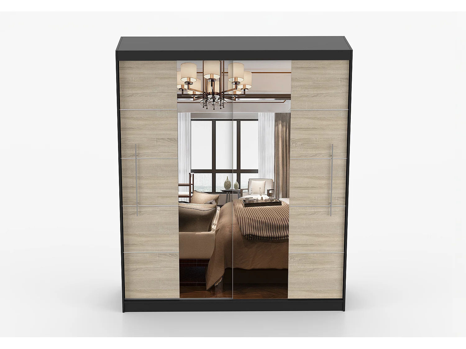 Armoire Orelia 203 cm avec miroir - Noir - Chêne