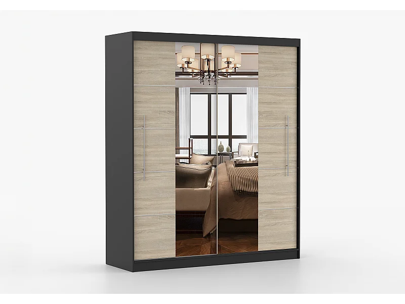 Armoire Orelia 203 cm avec miroir - Noir - Chêne