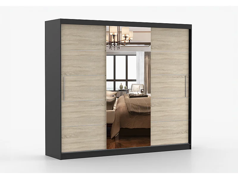 Armoire Olympe 233 cm avec miroir - Noir - Chêne