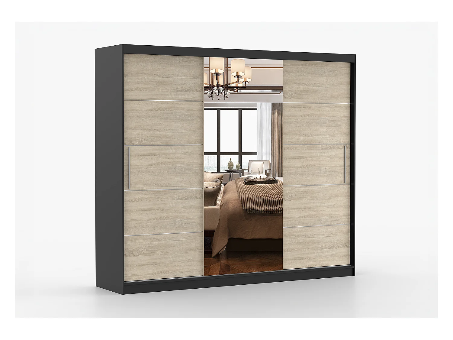 Armoire Olympe 233 cm avec miroir - Noir - Chêne