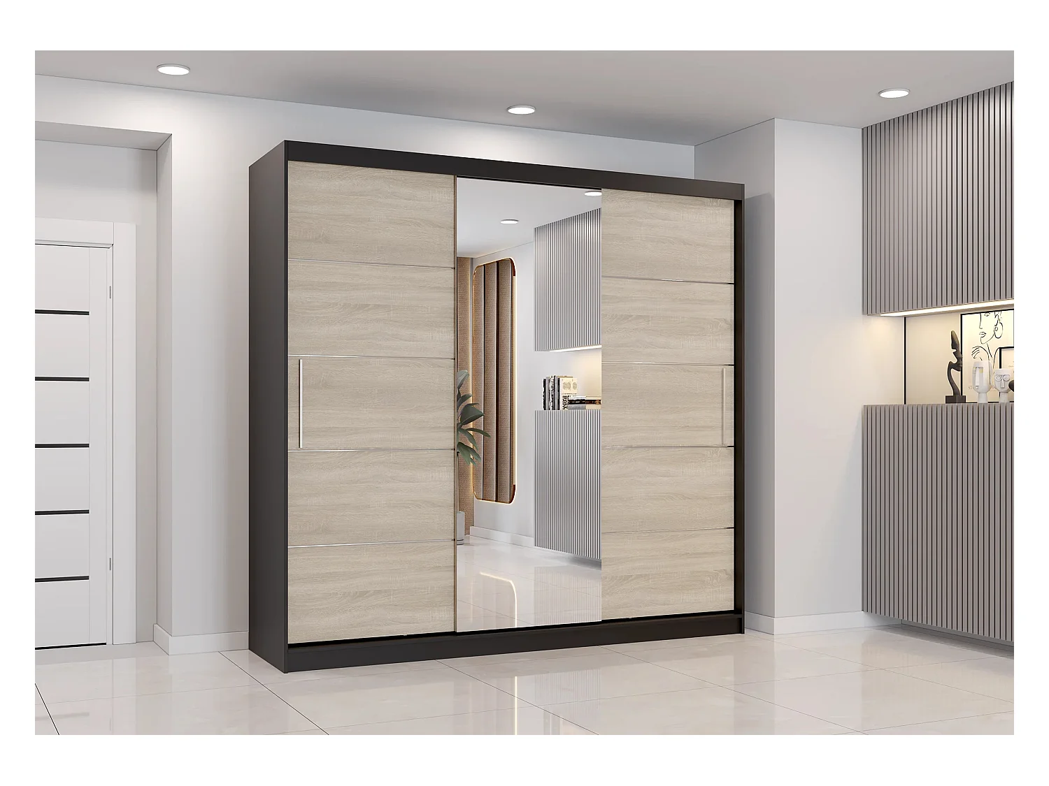 Armoire Olympe 233 cm avec miroir - Noir - Chêne